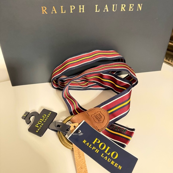 Polo Ralph Lauren Unisex Striped Canvas Belt Size L Red Navy Yellow Leather NWT - Picture 14 of 15